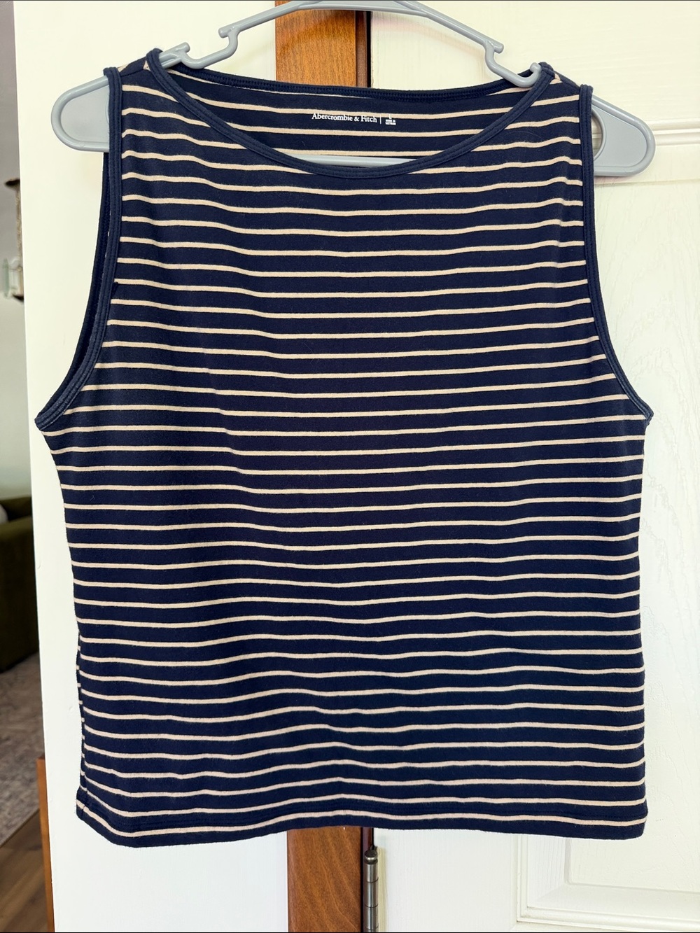 Abercrombie & Fitch Navy and Cream Striped Boat Neck Tank